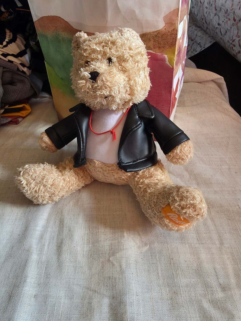 Reese's Peanut Butter Cups Plush Teddy Bear Wearing Black Leather Jacket